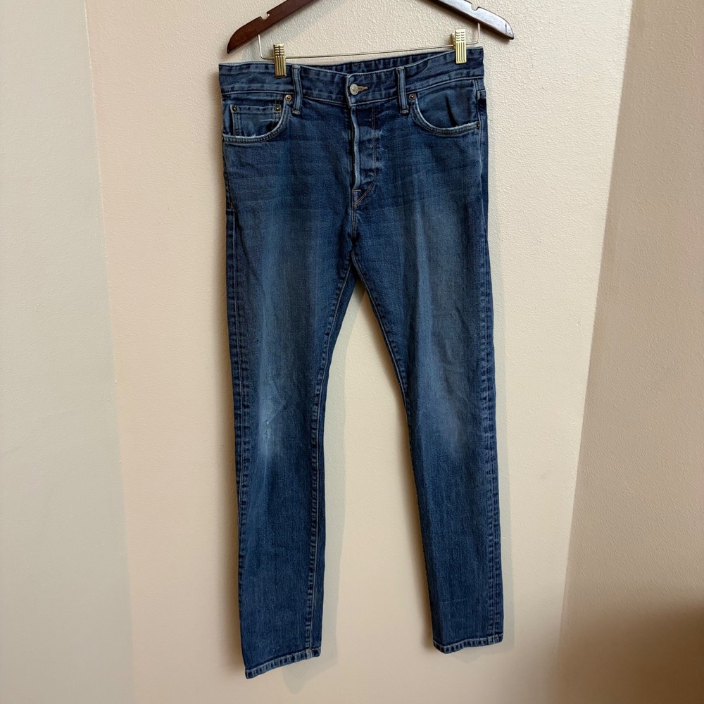 Buck Mason Maverick Slim Jeans 32x34 Medium‎ Wash Button Fly Made in USA Denim
